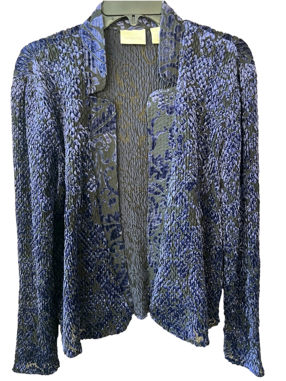 Chico’s M Blue & Black Crinkled Velvet Burnout Floral Open-front Jacket